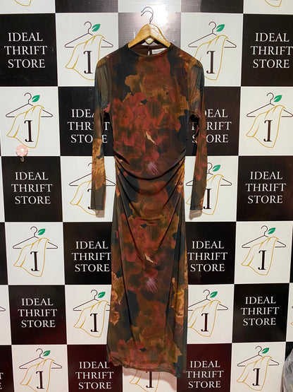 ATMOS & HERE |M| BUST 17| B34| PREMIUM HIGH-NECK RUCHED BODYCON MIDI MESH DRESS IN Muted RESTRY FLORAL PRINT