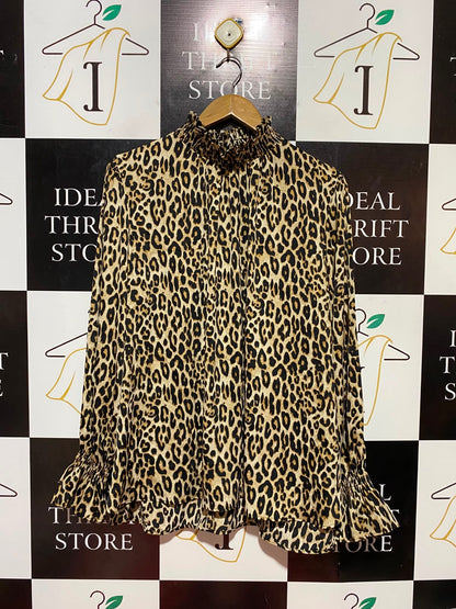 H&M |XL| BUST 23| B34| PREMIUM HIGH-NECK SMOCKED LEOPARD PRINT LONG SLEEVE BLOUSE WITH RUFFLED CUFFS