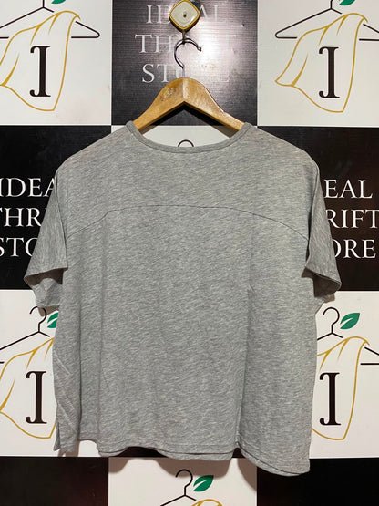 ADIDAS |L| BUST FREE| B34| PREMIUM GREY MELANGE BOXY CROPPED ATHLETIC T-SHIRT WITH METALLIC GOLD LOGO
