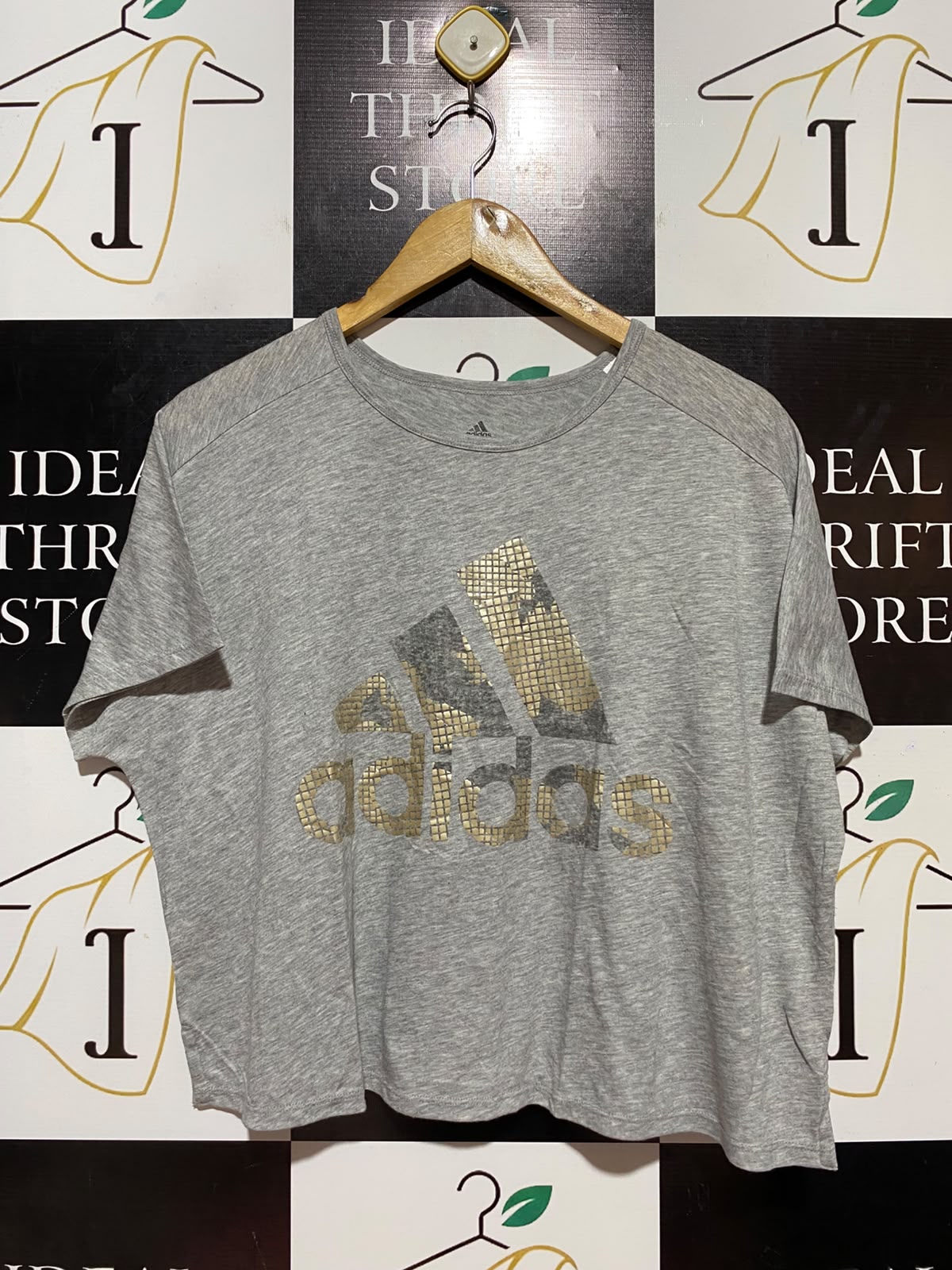 ADIDAS |L| BUST FREE| B34| PREMIUM GREY MELANGE BOXY CROPPED ATHLETIC T-SHIRT WITH METALLIC GOLD LOGO