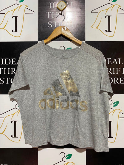 ADIDAS |L| BUST FREE| B34| PREMIUM GREY MELANGE BOXY CROPPED ATHLETIC T-SHIRT WITH METALLIC GOLD LOGO