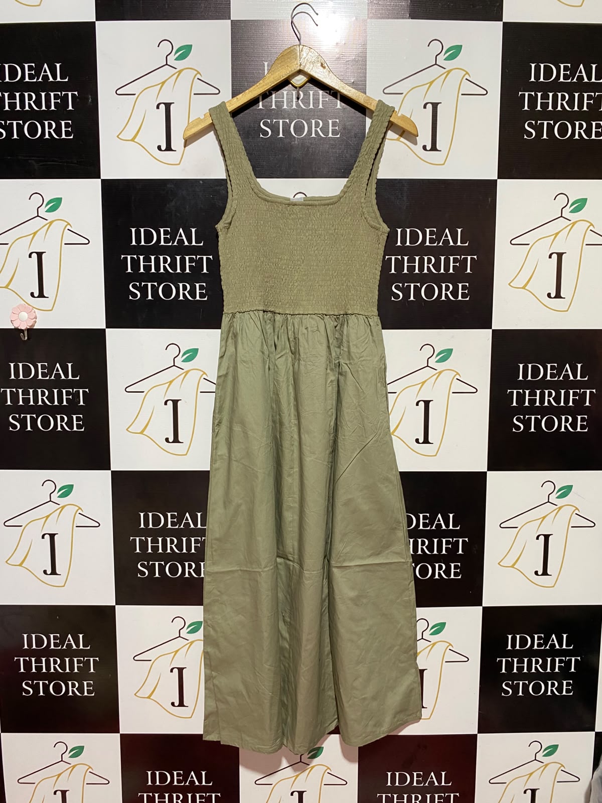 ANKO |M| BUST 14| B34| SMOCKED BODICE SQUARE NECK MIDI DRESS - OLIVE GREEN / KHAKI