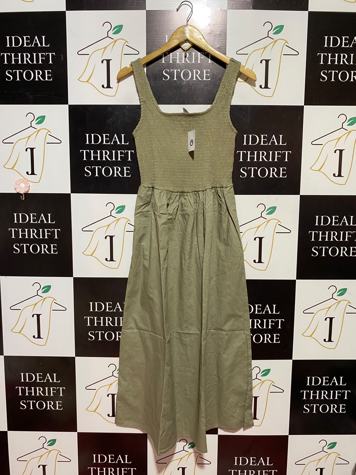 ANKO |M| BUST 14| B34| SMOCKED BODICE SQUARE NECK MIDI DRESS - OLIVE GREEN / KHAKI