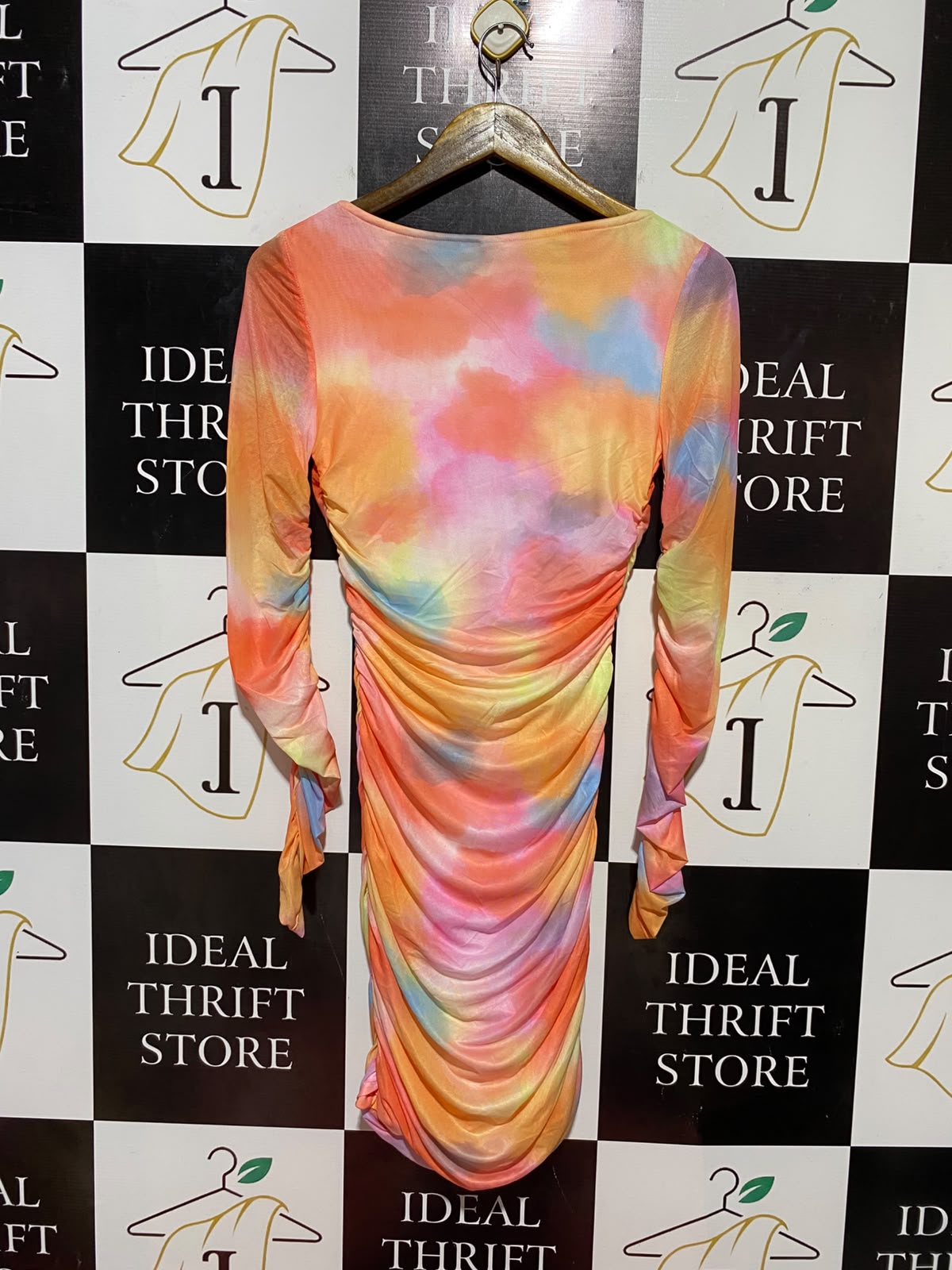 SHEIN |XS| BUST 14| B34| MULTICOLOR TIE DYE RUFFLED SLEEVE RUCHED BODYCON DRESS