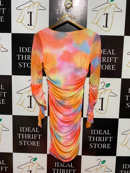 SHEIN |XS| BUST 14| B34| MULTICOLOR TIE DYE RUFFLED SLEEVE RUCHED BODYCON DRESS