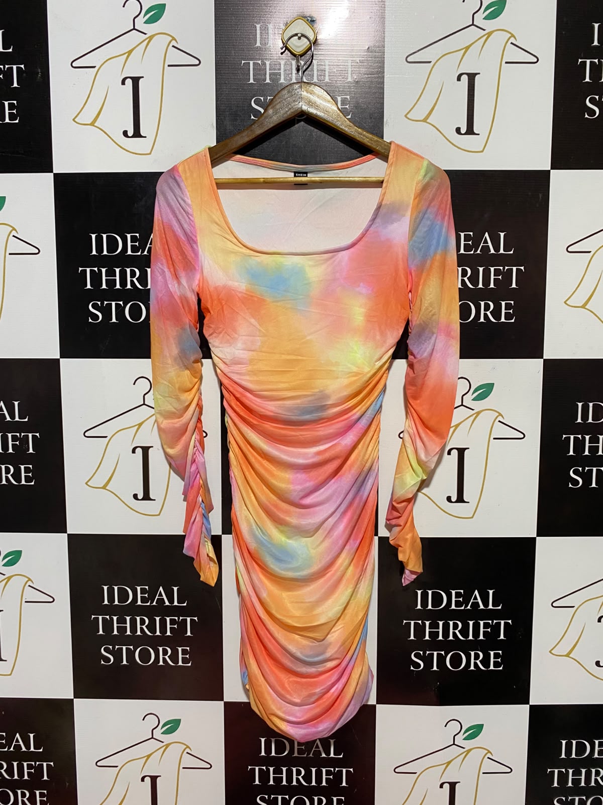SHEIN |XS| BUST 14| B34| MULTICOLOR TIE DYE RUFFLED SLEEVE RUCHED BODYCON DRESS