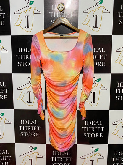 SHEIN |XS| BUST 14| B34| MULTICOLOR TIE DYE RUFFLED SLEEVE RUCHED BODYCON DRESS