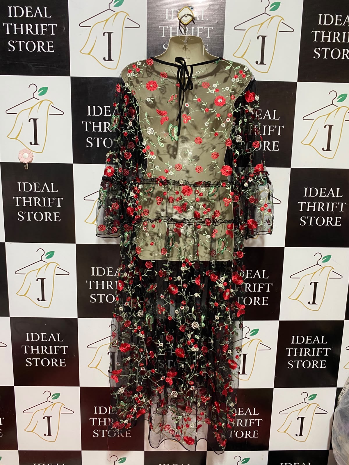 |L| BUST 22| B34| FLORAL EMBROIDERED BLACK MESH MAXI DRESS OVERLAY WITH BELL SLEEVES