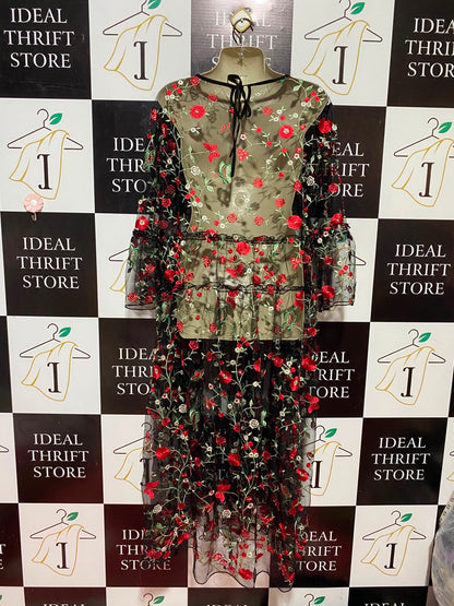 |L| BUST 22| B34| FLORAL EMBROIDERED BLACK MESH MAXI DRESS OVERLAY WITH BELL SLEEVES