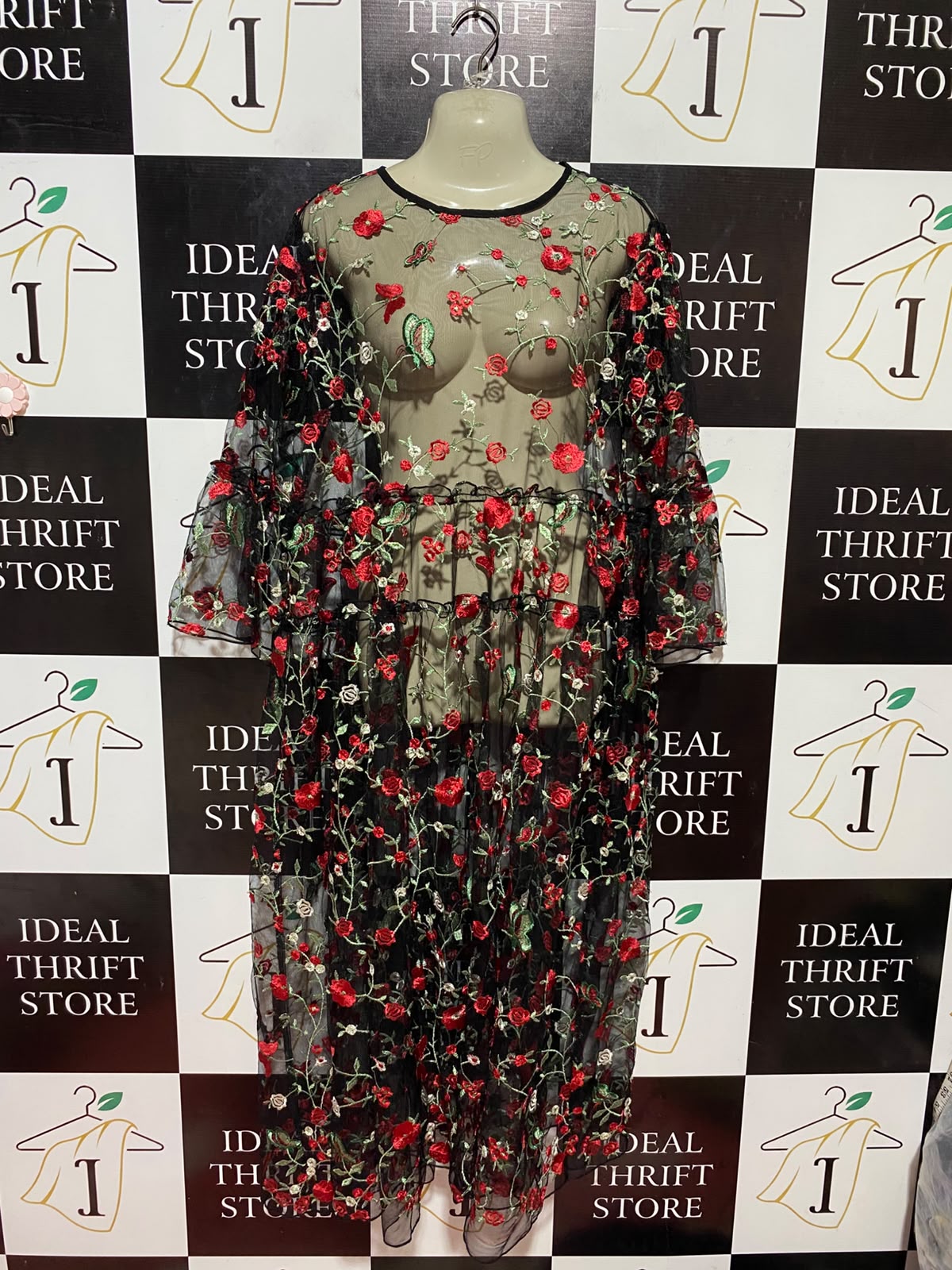 |L| BUST 22| B34| FLORAL EMBROIDERED BLACK MESH MAXI DRESS OVERLAY WITH BELL SLEEVES