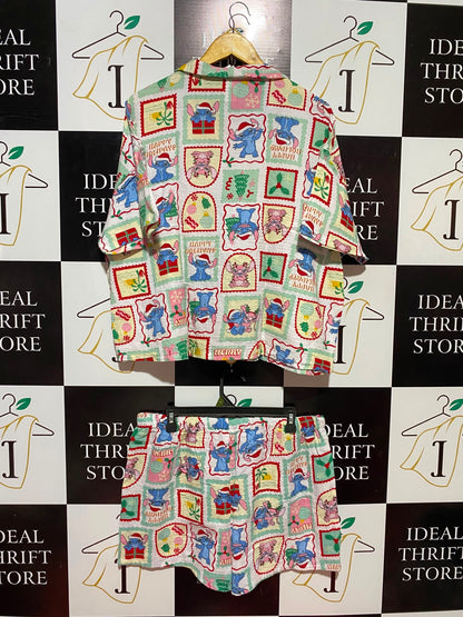 DISNEY |XL| B34|  STITCH CHRISTMAS HOLIDAY SHORT SLEEVE PAJAMA SET - MULTICOLOR STAMP PRINT