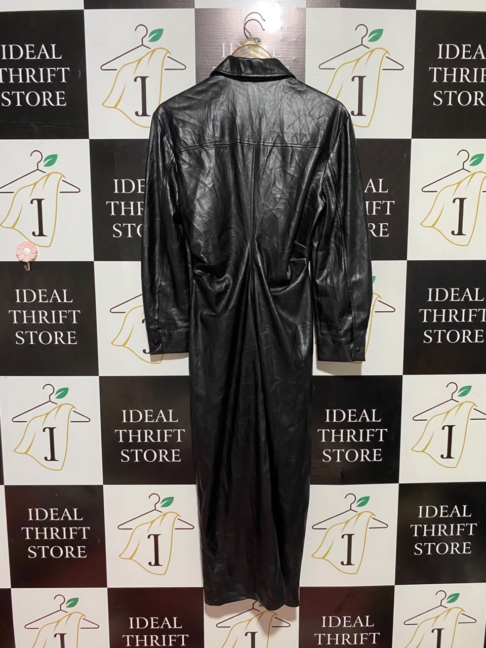 ZARA |L| BUST 18| B34| FAUX LEATHER RUCHED FRONT BUTTONED MAXI SHIRT DRESS - BLACK