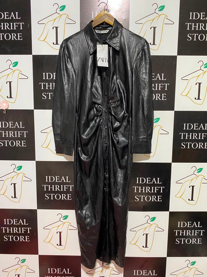 ZARA |L| BUST 18| B34| FAUX LEATHER RUCHED FRONT BUTTONED MAXI SHIRT DRESS - BLACK