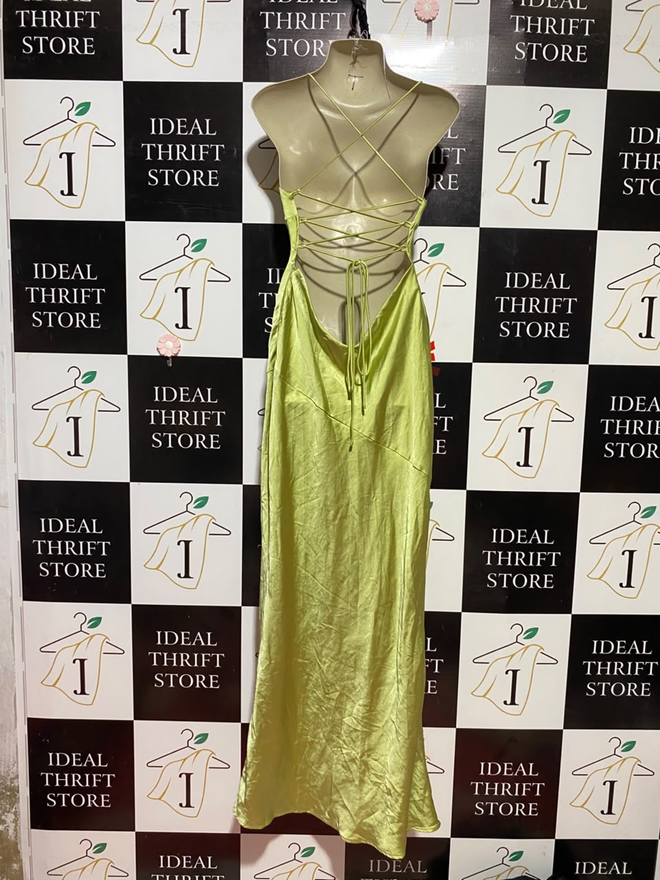 BABYBOO |M| BUST 18| B34| LIME GREEN SATIN CAMI MAXI SLIP DRESS WITH SIDE SLIT