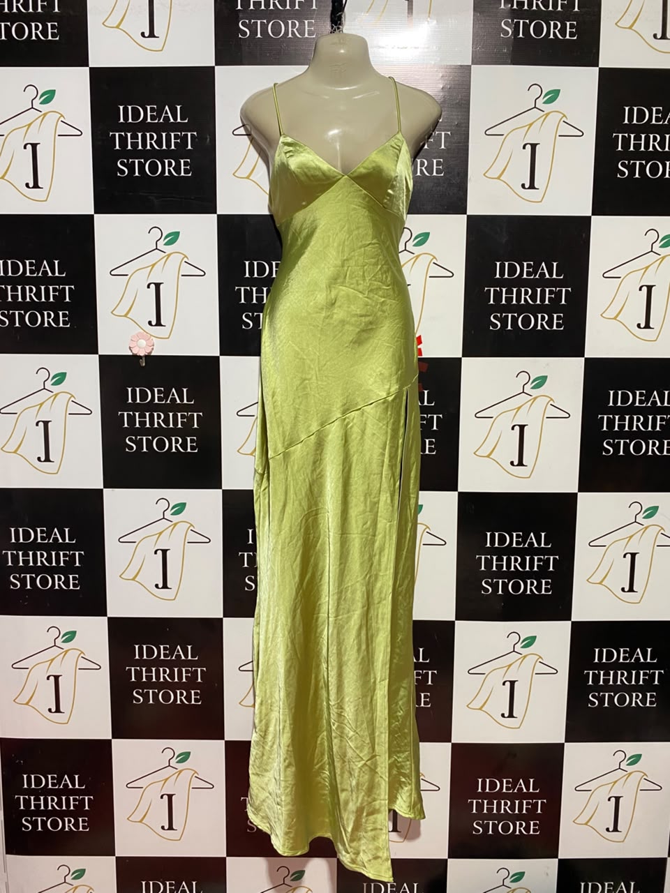 BABYBOO |M| BUST 18| B34| LIME GREEN SATIN CAMI MAXI SLIP DRESS WITH SIDE SLIT