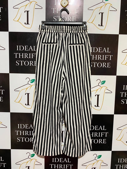 INSHOP |M| WAIST 26| B34| BLACK AND WHITE STRIPED WIDE-LEG CASUAL TROUSERS WITH ELASTIC DRAWSTRING WAIST