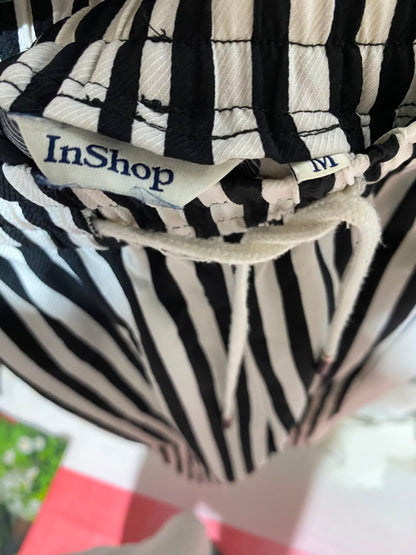 INSHOP |M| WAIST 26| B34| BLACK AND WHITE STRIPED WIDE-LEG CASUAL TROUSERS WITH ELASTIC DRAWSTRING WAIST