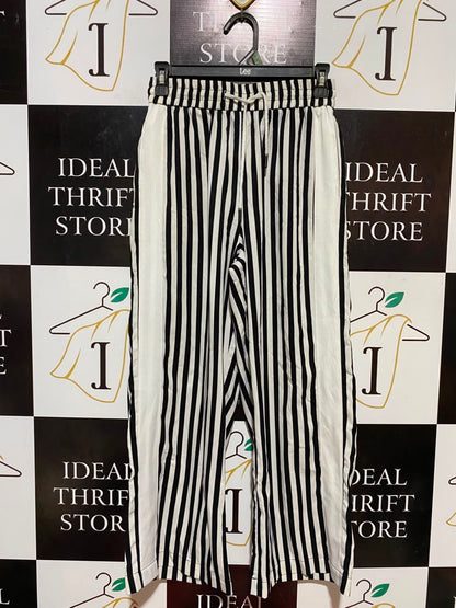 INSHOP |M| WAIST 26| B34| BLACK AND WHITE STRIPED WIDE-LEG CASUAL TROUSERS WITH ELASTIC DRAWSTRING WAIST