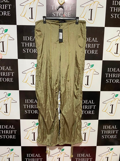 MOTEL |XL| WAIST 34| B34| ROCKS OLIVE GREEN SHIMMER NYLON PARACHUTE PANTS WITH DRAWSTRING WAIST AND ANKLES