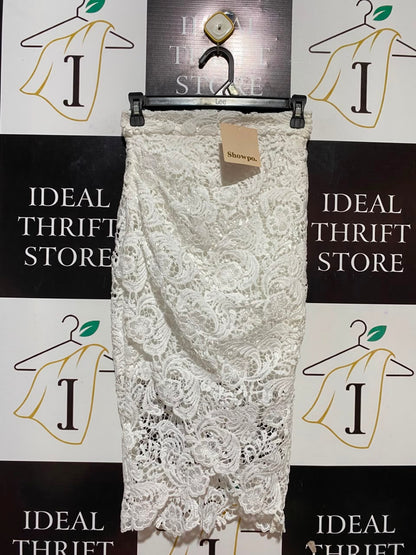 SHOWPO |XS| WAIST 25| B34| WHITE FLORAL LACE MIDI SKIRT WITH ASYMMETRICAL WRAP RUCHING DETAILED HEM