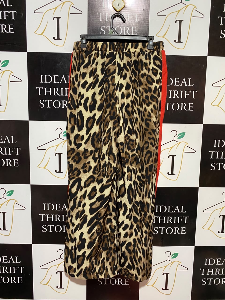 |L| WAIST 29| B34| PRINT WIDE-LEG CASUAL TROUSERS WITH CONTRASTING RED SIDE STRIPES AND ELASTIC DRAWSTRING WAIST