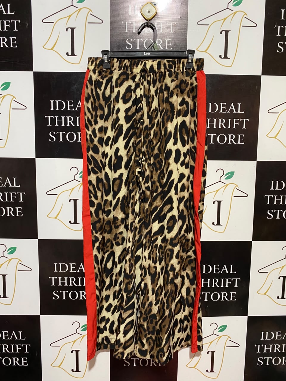 |L| WAIST 29| B34| PRINT WIDE-LEG CASUAL TROUSERS WITH CONTRASTING RED SIDE STRIPES AND ELASTIC DRAWSTRING WAIST