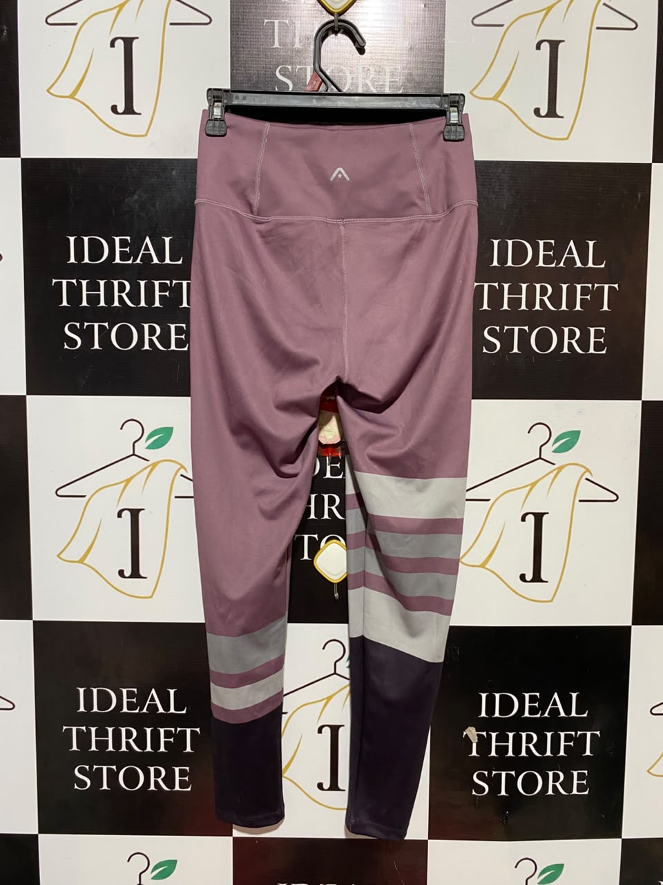 ROCK WEAR |XS| WAIST 25| B34| MAUVE PINK HIGH-WAISTED STRETCH FITNESS LEGGINGS WITH COLORBLOCK STRIPES AND DARK PURPLE ANKLE PANELS