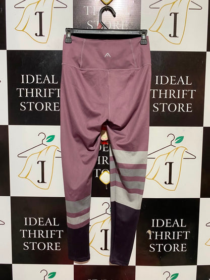 ROCK WEAR |XS| WAIST 25| B34| MAUVE PINK HIGH-WAISTED STRETCH FITNESS LEGGINGS WITH COLORBLOCK STRIPES AND DARK PURPLE ANKLE PANELS