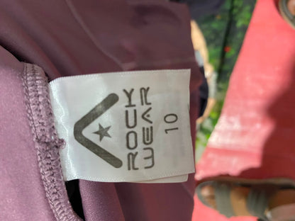 ROCK WEAR |XS| WAIST 25| B34| MAUVE PINK HIGH-WAISTED STRETCH FITNESS LEGGINGS WITH COLORBLOCK STRIPES AND DARK PURPLE ANKLE PANELS
