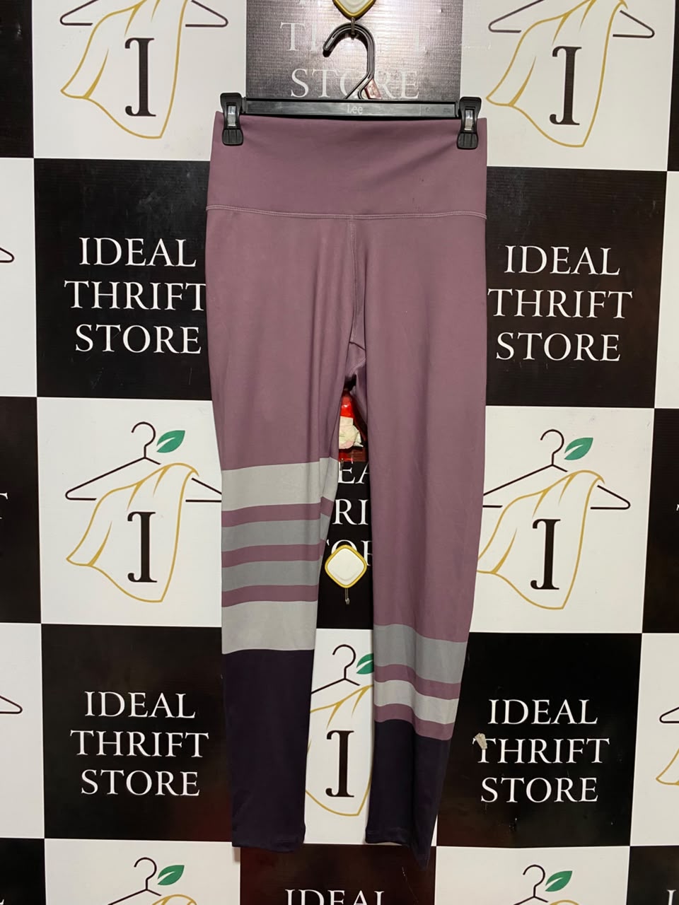ROCK WEAR |XS| WAIST 25| B34| MAUVE PINK HIGH-WAISTED STRETCH FITNESS LEGGINGS WITH COLORBLOCK STRIPES AND DARK PURPLE ANKLE PANELS