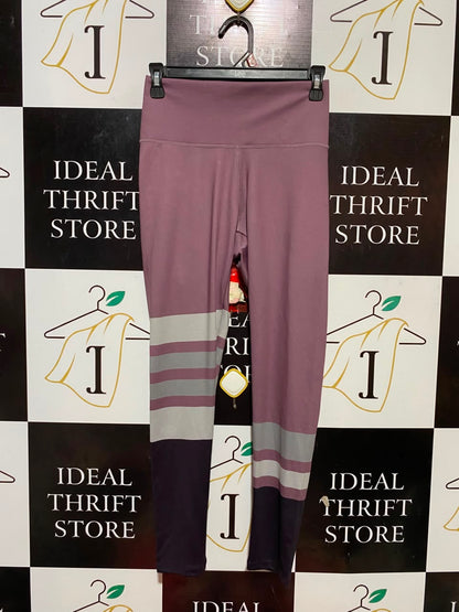 ROCK WEAR |XS| WAIST 25| B34| MAUVE PINK HIGH-WAISTED STRETCH FITNESS LEGGINGS WITH COLORBLOCK STRIPES AND DARK PURPLE ANKLE PANELS