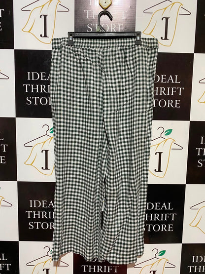 |XXL| WAIST 36| B34| DARK GREEN AND WHITE GINGHAM CHECKED WIDE-LEG CASUAL TROUSERS WITH ELASTIC DRAWSTRING WAIST