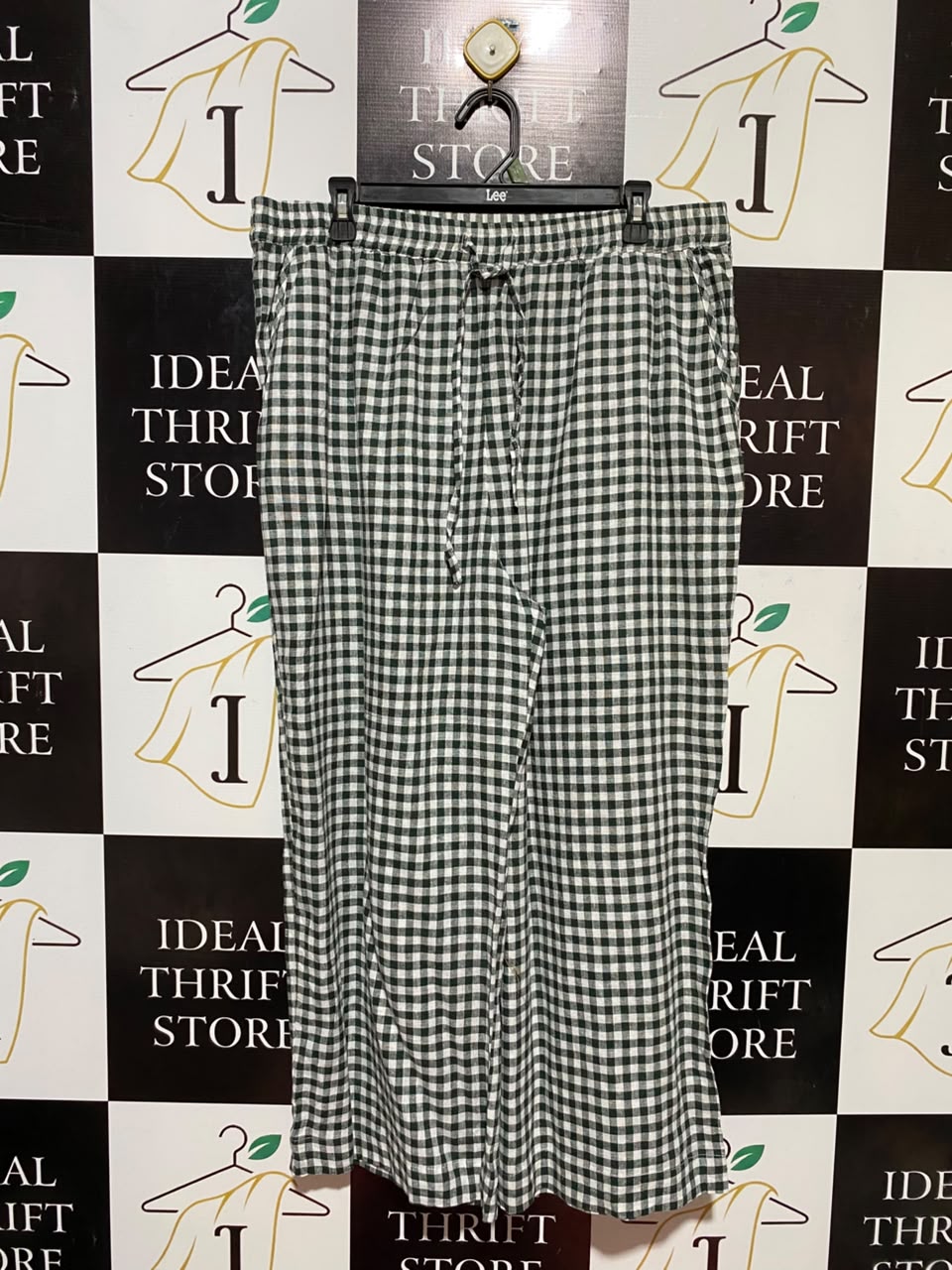 |XXL| WAIST 36| B34| DARK GREEN AND WHITE GINGHAM CHECKED WIDE-LEG CASUAL TROUSERS WITH ELASTIC DRAWSTRING WAIST