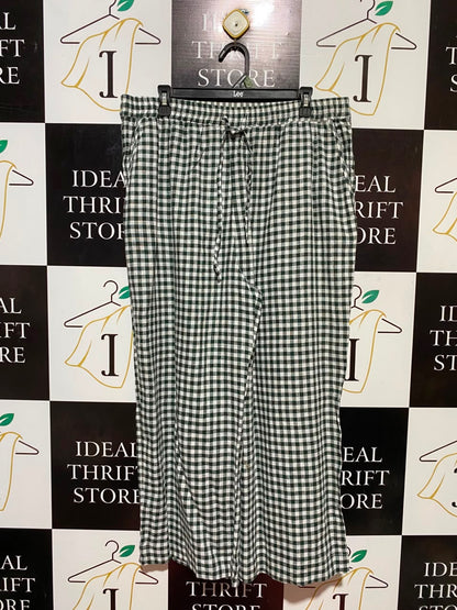 |XXL| WAIST 36| B34| DARK GREEN AND WHITE GINGHAM CHECKED WIDE-LEG CASUAL TROUSERS WITH ELASTIC DRAWSTRING WAIST