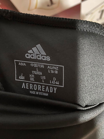 ADIDAS |L| WAIST 31| B34| BLACK HIGH-WAISTED WORKOUT LEGGINGS WITH CLASSIC WHITE THREE-STRIPES AND EMBROIDERED LOGO
