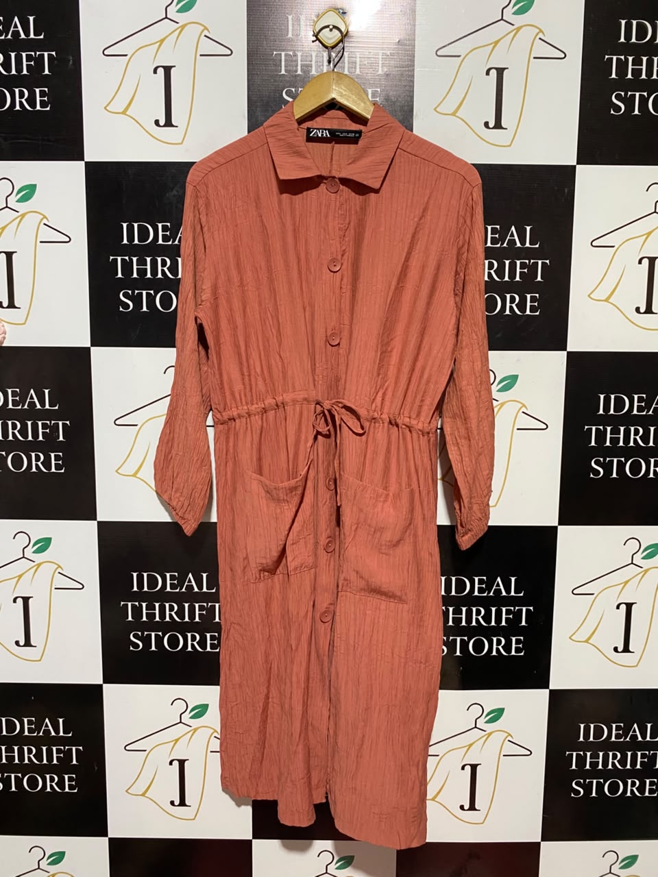 ZARA |L| WAIST 20| B34| WOMEN'S CRINKLE BUTTON-DOWN MIDI SHIRT DRESS