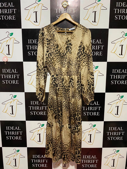VALLEY GIRL |M| WAIST 18| B34| WOMEN'S LEOPARD PRINT SATIN TIERED MIDI DRESS