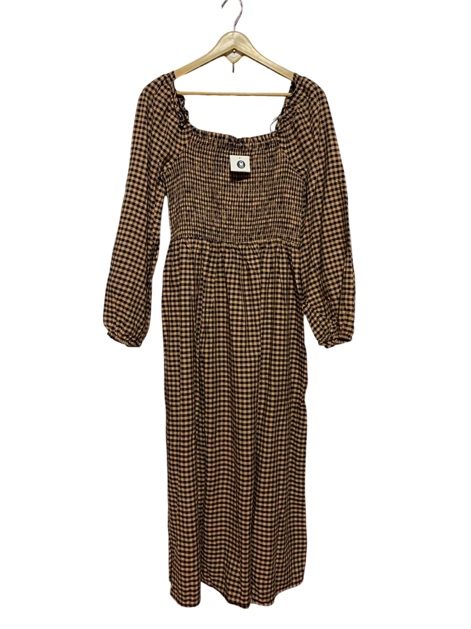 ANKO |S| BUST 15| B35| WOMEN'S BROWN AND BLACK GINGHAM CHECKERED SMOCKED LONG SLEEVE MAXI DRESS