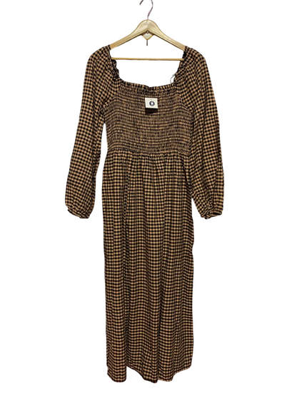 ANKO |S| BUST 15| B35| WOMEN'S BROWN AND BLACK GINGHAM CHECKERED SMOCKED LONG SLEEVE MAXI DRESS