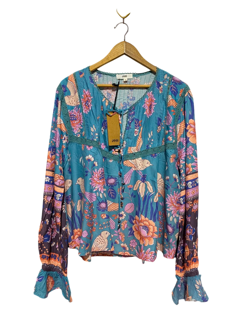 JAASE |XL| BUST 25| B35| WOMEN'S BOHO FLORAL AND BIRD PRINT LONG SLEEVE PEASANT BLOUSE