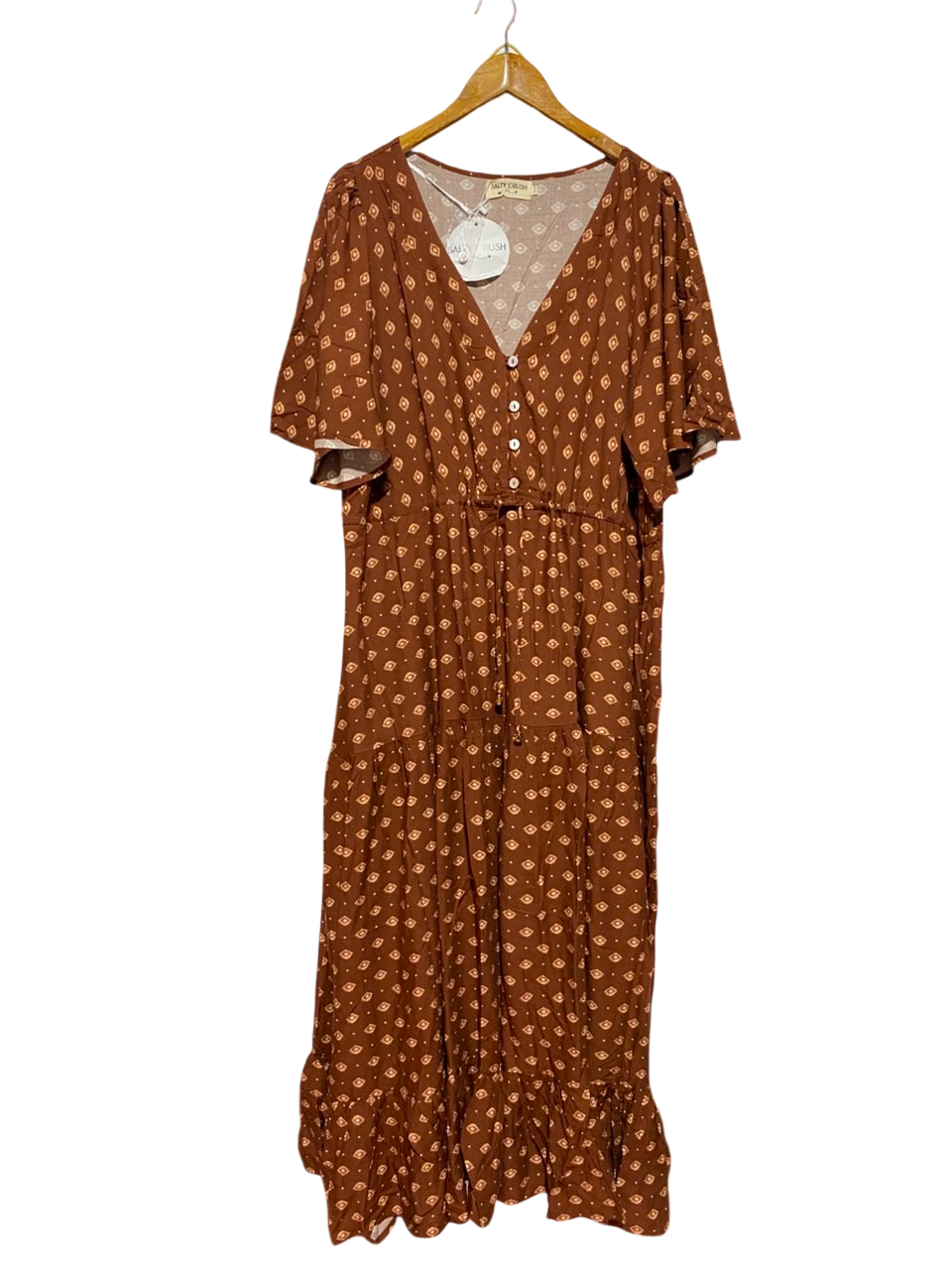 SALTY CRUSH |XL| BUST 24| B35| WOMEN'S BOHO GEOMETRIC PRINT V-NECK MAXI DRESS