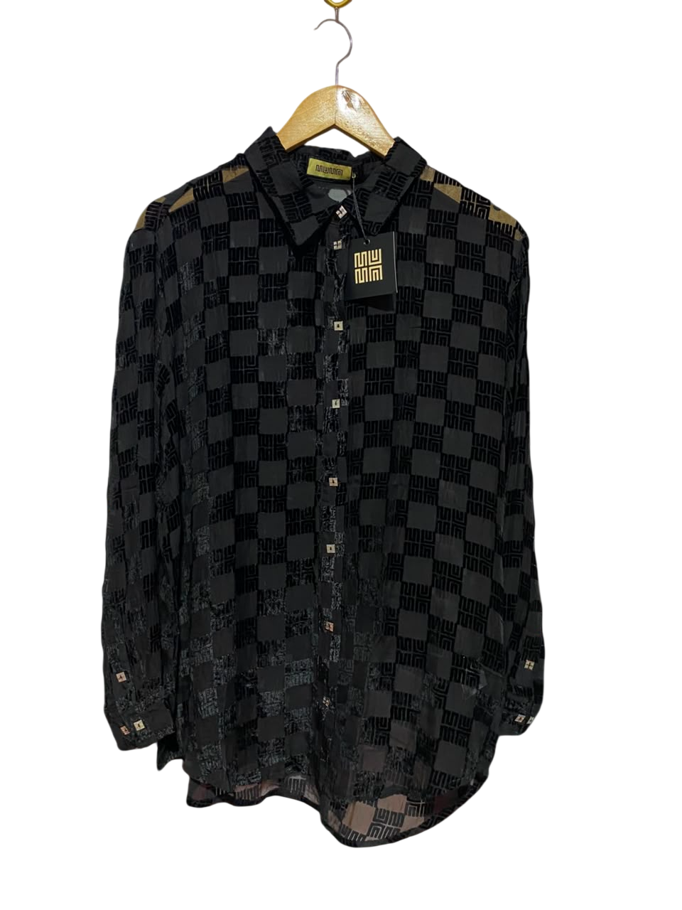 MUMN |S| BUST | B35| LUXURY BRAND BLACK GEOMETRIC PATTERN SHEER LONG SLEEVE BUTTON-DOWN SHIRT