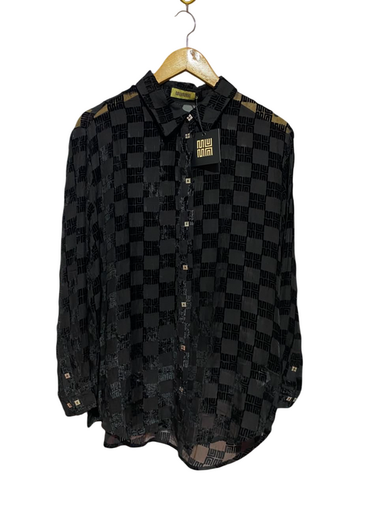 MUMN |S| BUST | B35| LUXURY BRAND BLACK GEOMETRIC PATTERN SHEER LONG SLEEVE BUTTON-DOWN SHIRT
