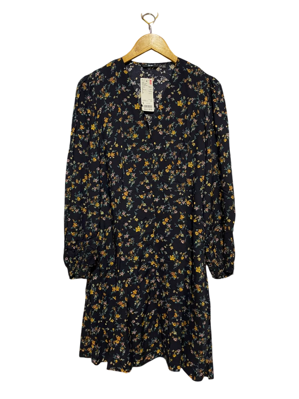UNIQLO |M| BUST 18| B35| WOMEN'S LONG SLEEVE V-NECK FLORAL BUTTON-FRONT MIDICHI DRESS