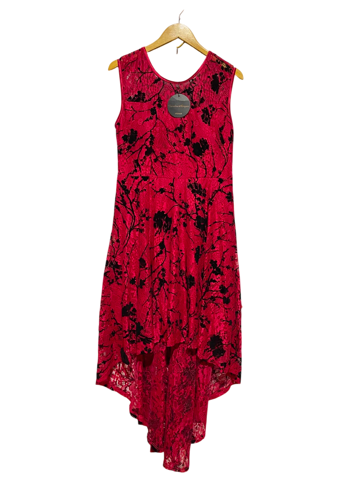 CAROLINE MORGAN |M| BUST 18| B35| WOMEN'S RED FLORAL LACE HIGH-LOW SLEEVELESS DRESS