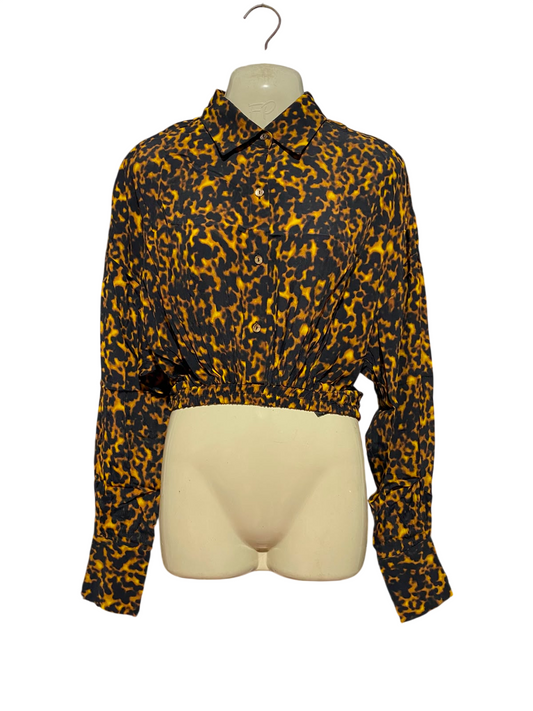 SHEIKE |S| BUST FREE| B35| CHIC TORTOISESHELL LEOPARD PRINT CROPPED BUTTON-DOWN BLOUSE
