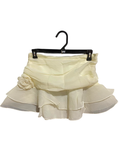 PEPPERMAYO |XS| WAIST 28| B35| CHIC CHIFFON RUFFLED MINI SKIRT WITH FABRIC FLOWER ACCENT