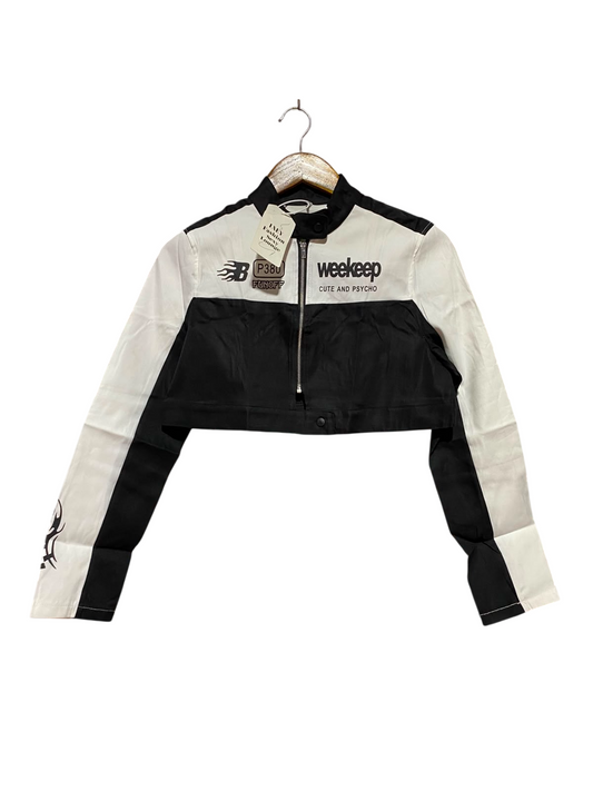 |L| BUST 18| B35| MONOCHROME RACER STYLE CROPPED MOTORCYCLE JACKET
