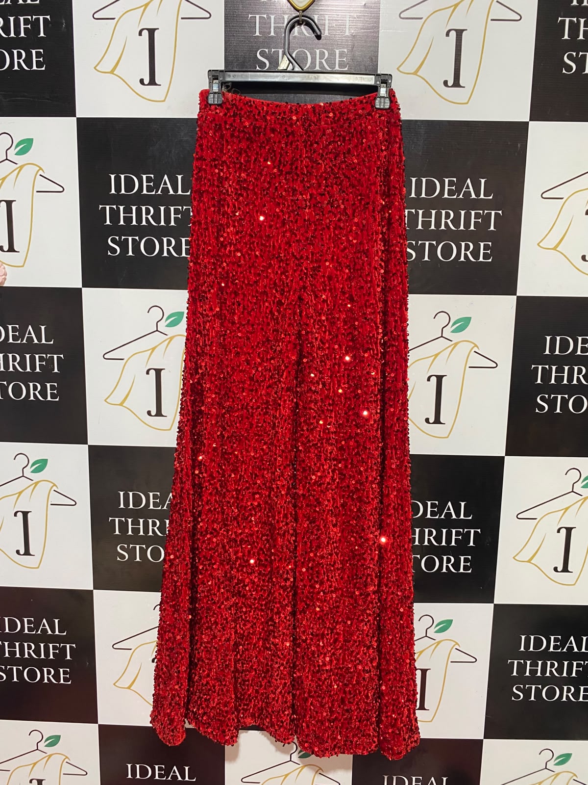 FAERIESTY |S| WAIST 26| B37| GLAMOROUS RED SEQUIN WIDE-LEG PANTS / PREMIUM HIGH-STREET STATEMENT PARTY TROUSERS