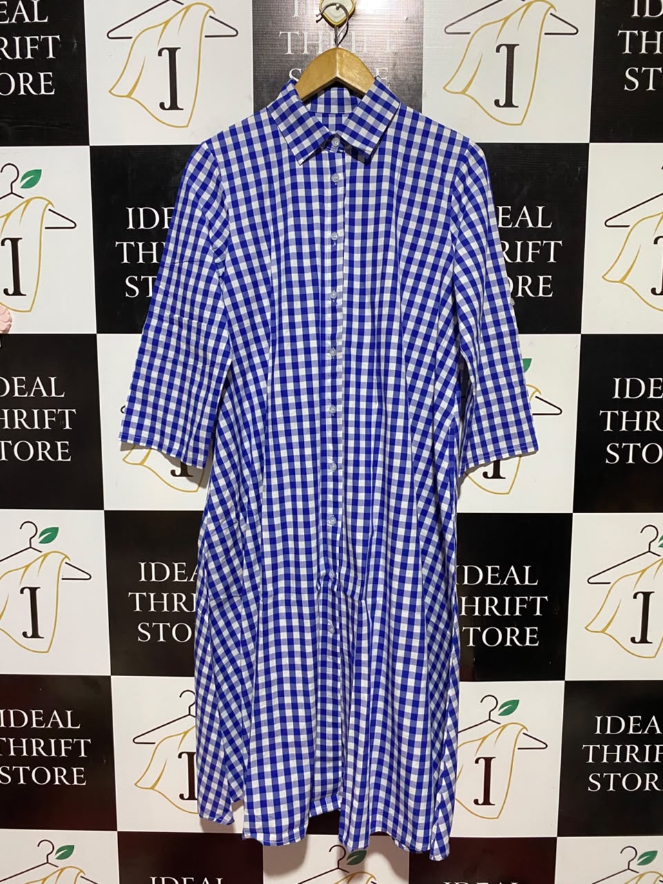 |L| BUST 21| B35| CLASSIC BLUE AND WHITE GINGHAM CHECK SHIRT DRESS